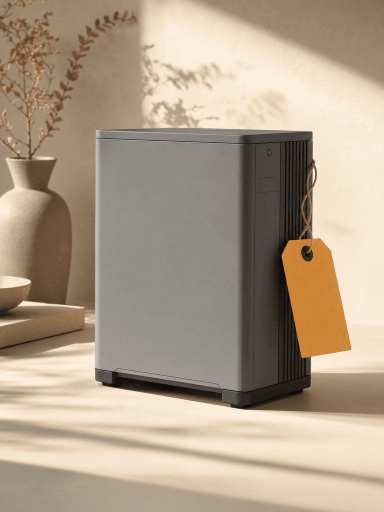 Batterie de stockage solaire domestique avec une étiquette de prix, illustration des promotions sur les kits solaires