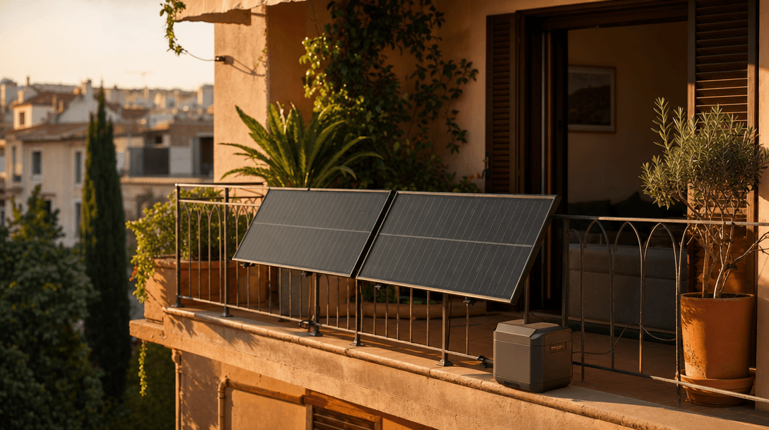 Panneaux solaires installés sur un garde-corps de balcon au coucher du soleil, avec une batterie de stockage posée au sol